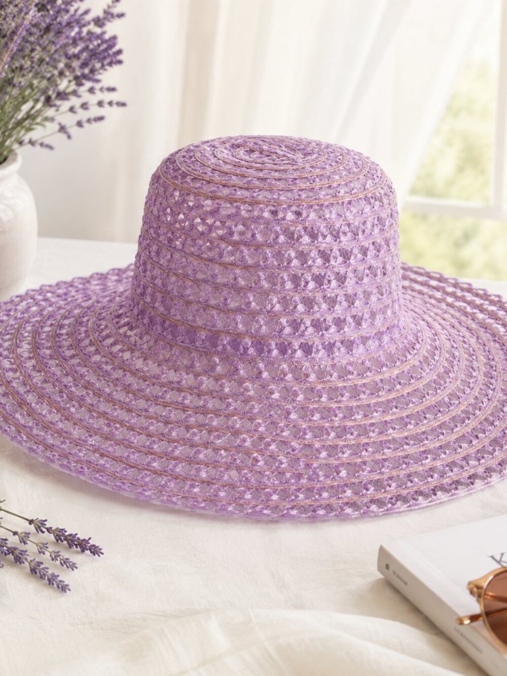 Women's Lavender Wide Brim Floppy Sun Hat Woven Mesh Metallic Trim Beach Garden